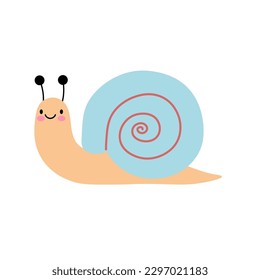 Cute smiling snail on white background. Concept of stickers of cute and funny insects and garden animals for children. Flat cartoon vector illustration EPS