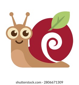 A cute smiling snail with a red shell and a green leaf on top, conveying happiness and friendliness in a natural setting