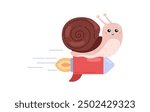 Cute smiling snail riding a red rocket with flames. Whimsical concept of speed and adventure featuring a happy snail with a detailed shell. Vector illustration.