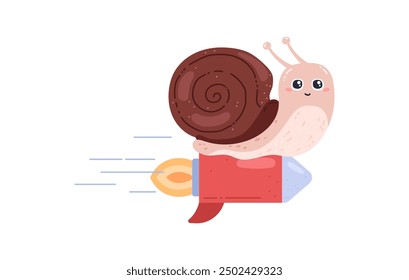 Cute smiling snail riding a red rocket with flames. Whimsical concept of speed and adventure featuring a happy snail with a detailed shell. Vector illustration.