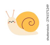 Cute smiling snail vector illustration in flat cartoon style. Adorable pastel garden snail with spiral shell, isolated on white, perfect for kids designs, stickers, prints, nursery art, spring themes