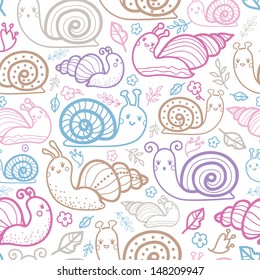 Cute smiling snails seamless pattern background