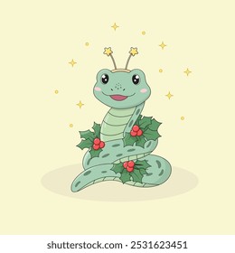 Cute smiling snake with a festive headband and holly branches. Chinese New Year. Lunar calendar. Cartoon character vector illustration.