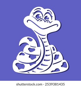 Linda serpiente sonriente. Una pitón moteada con una cola larga y enrollada. Caricatura. Plantilla para plotter láser de corte de papel, calado, talla de madera, grabado de metal, cnc. Ilustración vectorial.