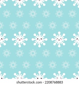 Caracteres de copo de nieve con sonriente, iconos de nieve vectorial de fondo de patrón sin fisuras para el diseño de vacaciones de invierno.

