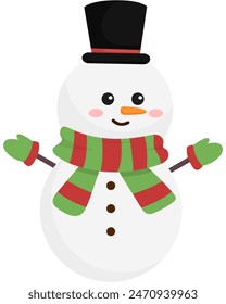 Lindo muñeco de nieve sonriente con sombrero negro, bufanda, nariz naranja, manos de madera que agitan con manopla de invierno, ilustración de dibujos animados aislada sobre fondo blanco.