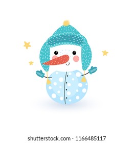 Cute smiling snowman in a blue hat isolated on white background. Vector illustration.
