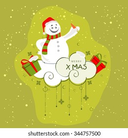Cute smiling Snowman with carrot on snowflakes and gifts decorated clouds for Merry Christmas celebration.