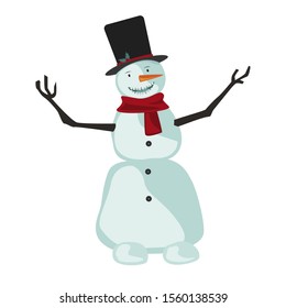 The Cute Smiling Snowman with Dentist Braces, Hat, and Scarf. Greeting card or Dentistry Christmas Concept, Vector Illustration. Funny Holidays Orthodontic Invitation Symbol
