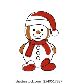 bonitinho sorrindo boneco de neve desenhado com linhas e sotaques coloridos