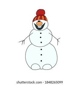 Cute smiling snowman in a hat. Blue Snow Face Smile Illustration Vector Isolated White Background