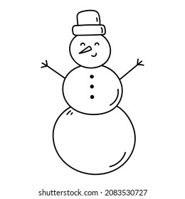Lächelnder Schneemann auf einem Hut einzeln auf weißem Hintergrund. Vektorhandgezeichnete Illustration im Doodle-Stil. Ideal für Weihnachtsdesigns, Karten, Logo, Dekorationen.