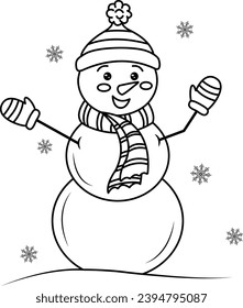 Cute smiling snowman in a hat on his head and a scarf, highlighted on a white background.Vector black and white illustration.  Perfect for holiday and Christmas designs. Coloring of a cute cartoon sno