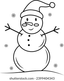 Ein süßer, lächelnder Schneemann mit einem Hut auf seinem Kopf, hervorgehoben auf weißem Hintergrund.Vektorschwarz-weißer Illustration.  Ideal für Feiertage und Weihnachtsdesigns. Färben eines süßen Cartoon-Schneemanns