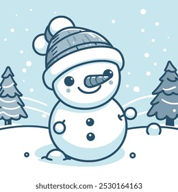 Cute smiling snowman with hat on background of fir trees. Vector illustration.