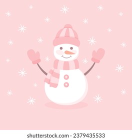 Un lindo muñeco de nieve sonriente en un sombrero, bufanda y mitones en un fondo rosado y nevado. Ilustración vectorial plana