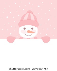 Cute smiling snowman in hat, scarf and mittens looking out from behind the white poster with copy space. Flat vector illustration in pastel pink colors