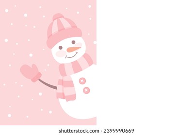 Cute smiling snowman in hat, scarf and mittens looking out from behind the white poster with copy space. Flat vector illustration in pastel pink colors