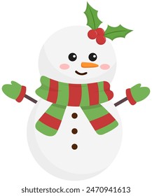 Cute smiling snowman with holly berry, scarf, orange nose, wooden waving hands with winter mitten, cartoon illustration isolated on white background.