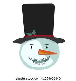 The Cute Smiling Snowman Icon with Dentist Braces. Dentistry Christmas Season Concept, Vector Illustration. Funny Holidays Orthodontic Symbol