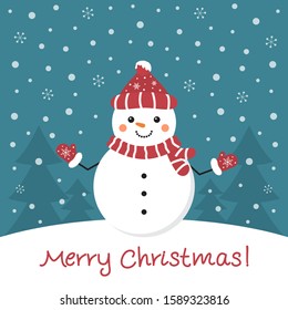 Cute smiling snowman. Merry Christmas and New Year greeting card. Funny cartoon fairy character in mittens, scarf and hat. Fir tree, snow, snowflake, dark blue background. Vector illustration