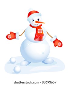 cute  smiling snowman  in the red cup and mittens