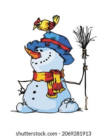 Cute smiling snowman red yellow bird over top hat