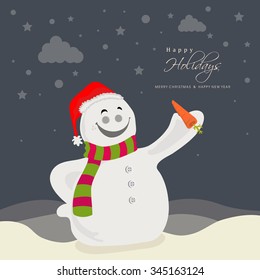 Cute smiling Snowman in Santa cap holding a carrot on winter background for Merry Christmas and Happy New Year celebration.