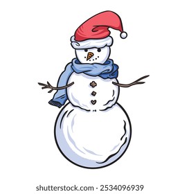 Cute smiling snowman with santa hat and branch hands colorful illustration isolated on square background. Simple flat outlined cartoon art styled drawing.