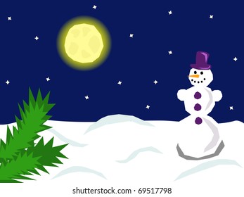 a cute smiling snowman standing under the moonlight