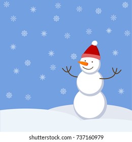 A cute smiling snowman stands in a snowdrift under the snow.