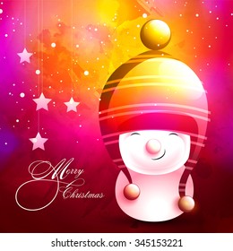 Cute smiling snowman in stylish cap on shiny colorful background for Merry Christmas celebration.