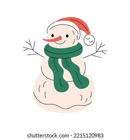 Cute smiling snowman wearing red Santa hat and green scarf. Funny Christmas character greeting and waving hands. Colorful New year symbol. Xmas holiday toy and decor. Minimalistic flat hand-drawn isol
