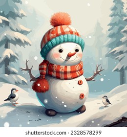 Cute smiling snowman wearing red scarf and a red hat standing in a winter forest 