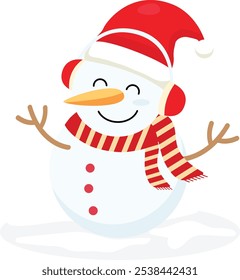 Cute smiling snowman wearing santa's hat, headphone and stripped yellow red scarf vector flat illustration