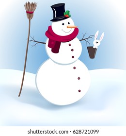 Cute smiling snowman wearing scarf and hat holding bucket with little rabbit inside. Vector cartoon illustration