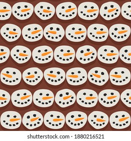 cute smiling snowmen faces in horizontal rows floating in a hot chocolate background colorful winter food mood vector seamless pattern 