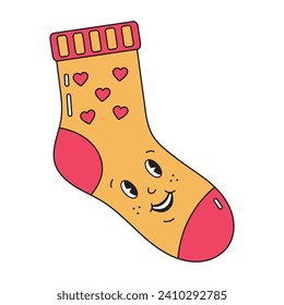 Cute smiling sock with hearts in groovy retro style.