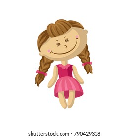Cute smiling soft doll in a pink dress with braids, sewing toy cartoon vector Illustration