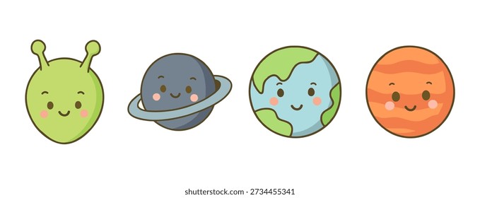 Conjunto de ícones de espaço bonito sorridente com alienígena, Júpiter, Terra e Marte