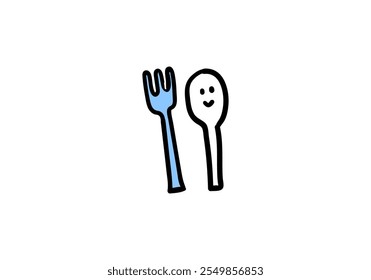 A cute smiling spoon and fork in a children's illustration style.

