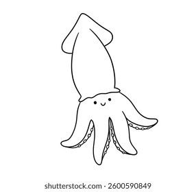 Cute smiling squid, line sea animal doodle illustration for children. Vector nautical drawing for coloring book