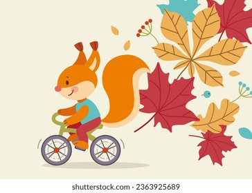 Cute smiling squirrel ride bicycle with flying autumn leaves. Vector design concept for poster, banner, decoration, card for Hello Autumn, Fall, Harvest Festival. Flat vector illustration.