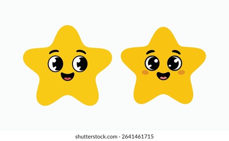 Cute Smiling Star Characters with Big Eyes Kawaii Style Vector Illustration