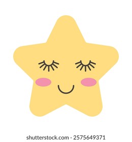 Cute Smiling Star Illustration for Kids. Adorable yellow star with closed eyes, rosy cheeks, and a happy smile on a white background. Perfect for children’s themes