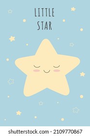 Cute smiling star. Template for baby shower, greeting card,  nursery poster, print. Kids room decoration.