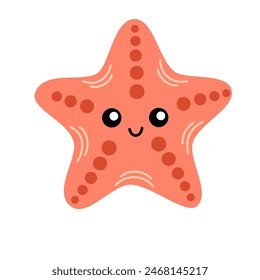 Cute smiling starfish isolated on white background. Happy underwater animal with eyes and mouth. Childish character. Colored flat cartoon vector illustration