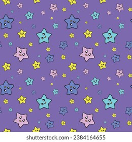 Cute smiling stars. Multi-colored stars with a smile on a purple background. Vector continuous background for children's design.