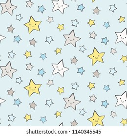 Cute smiling stars pattern. Night sky in pastel colors. Vector background for baby and kids design.