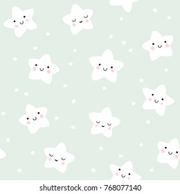 Cute Smiling Stars Pattern. Night Sky In Pastel Colors. Vector Background For Baby And Kids Design.

